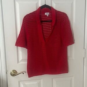 Evereve Vibrant Red Open-Knit Collared short sleeve